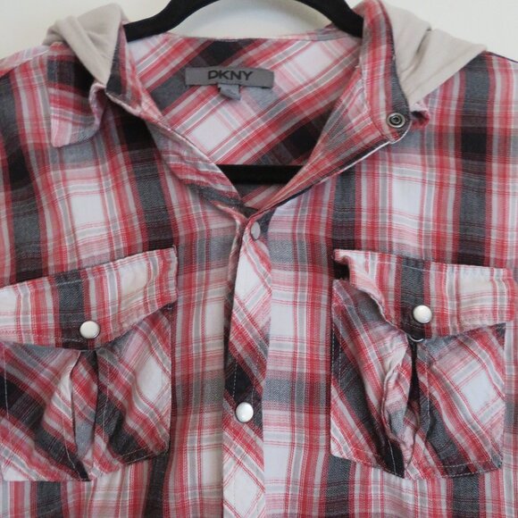 DKNY | Size XL | Cotton Hooded Button Up Plaid Sweater Long Sleeve Y2K Vintage - Picture 3 of 12